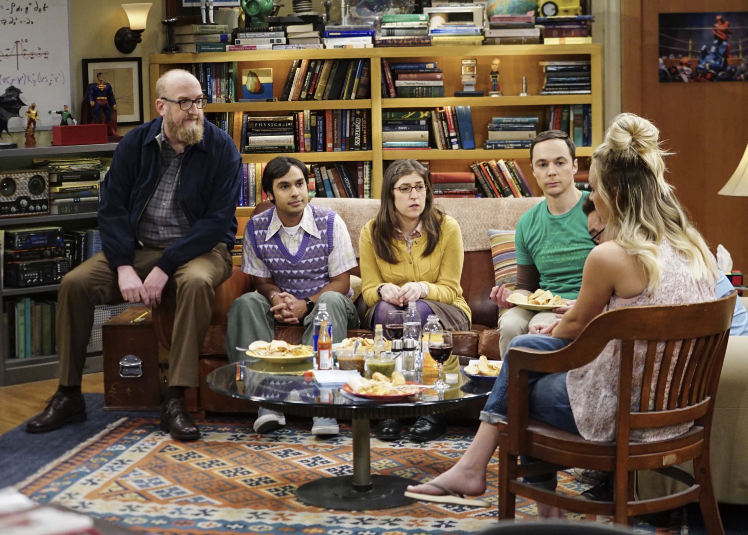 Brian Posehn, Kunal Nayyar, Mayim Bialik, Jim Parsons, Johnny Galecki, and Kaley Cuoco in 'The Big Bang Theory'