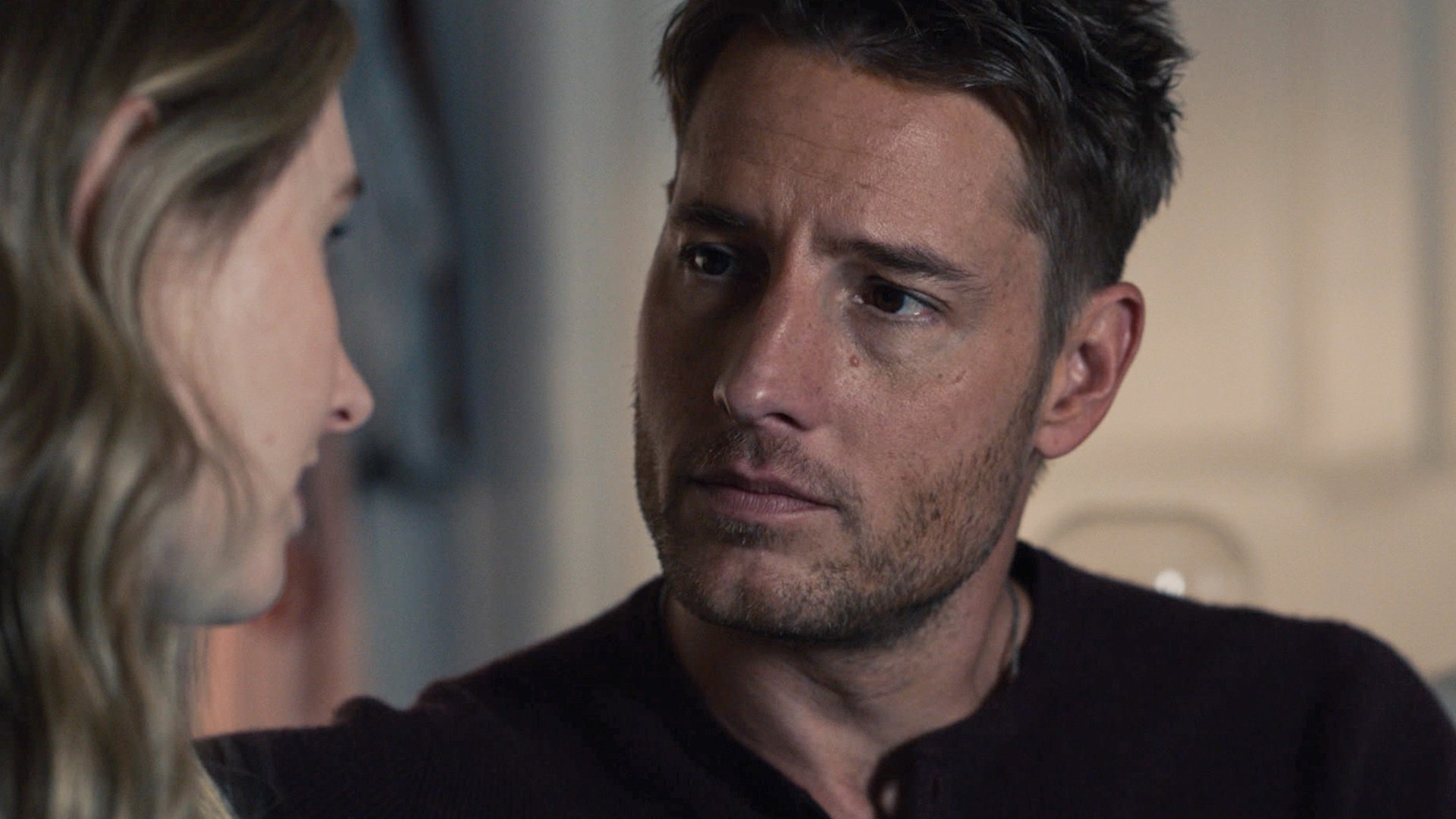 Justin Hartley as Kevin looks at Caitlin Thompson as Madison in ‘This Is Us Season 5 Episode 12