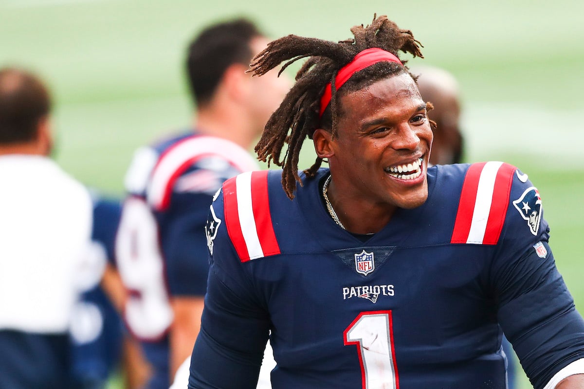 Cam Newton #1 of the New England Patriots reacts during a game against the Las Vegas Raiders