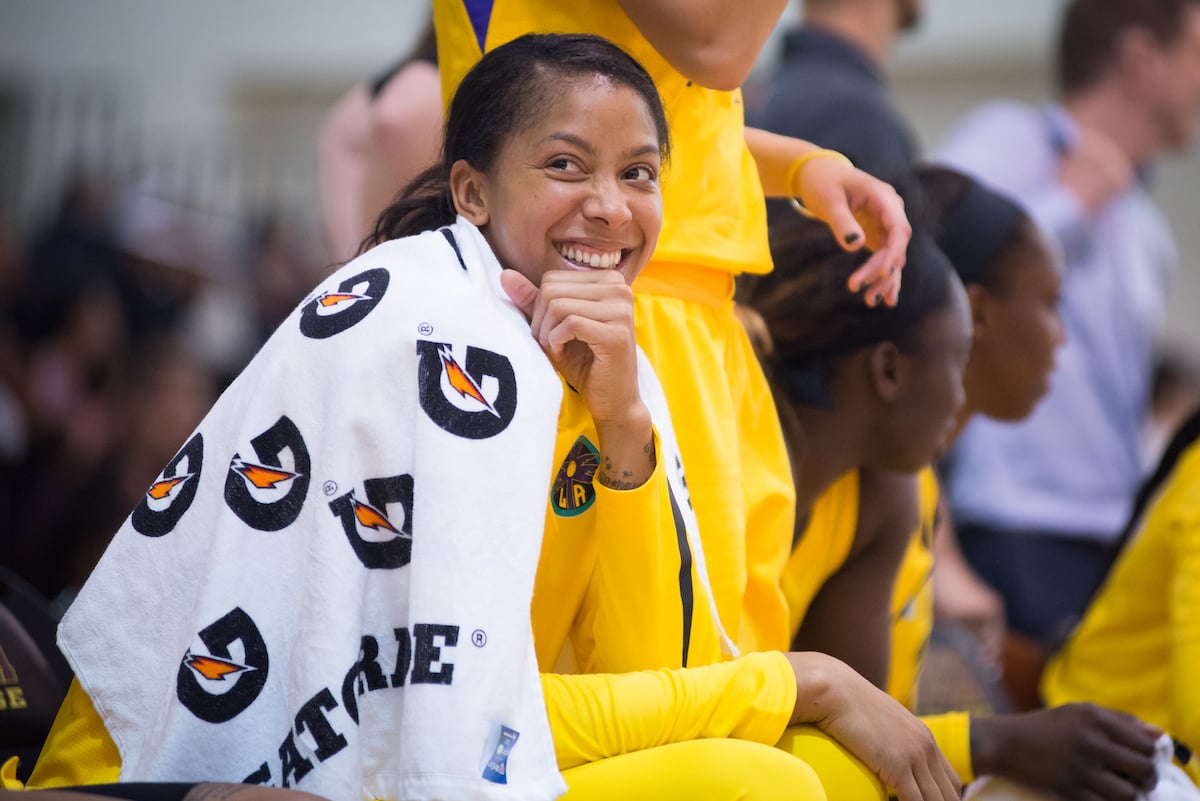 Candace Parker, then with the LA Sparks reacts during a game in 2018