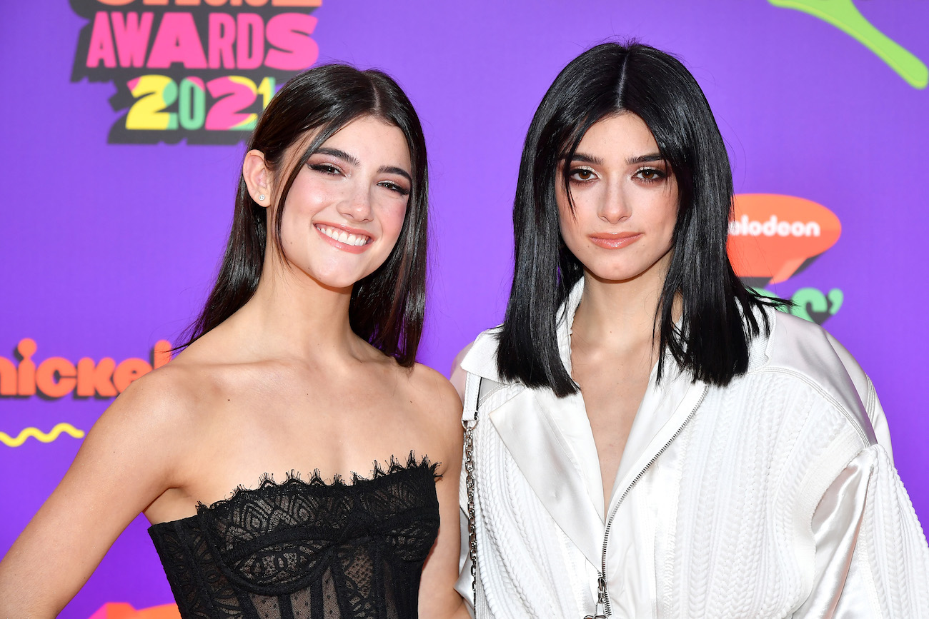 Charli and Dixie D'Amelio posing together in front of purple background