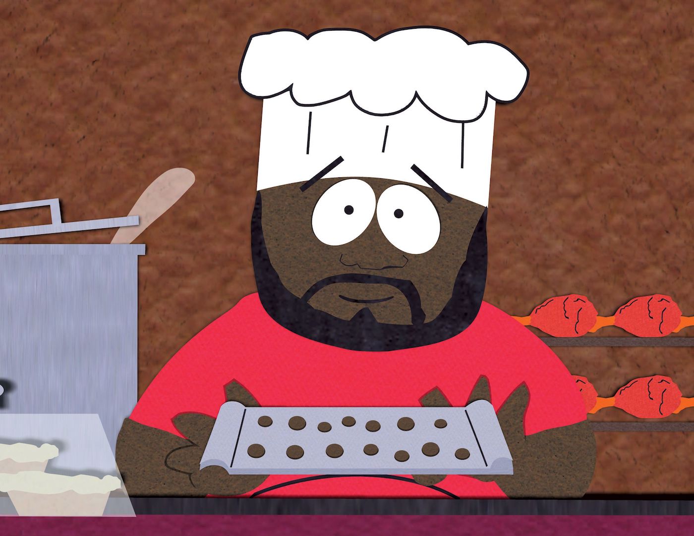 'South Park' cartoon character holds a pan of his chocolate salty balls in a kitchen