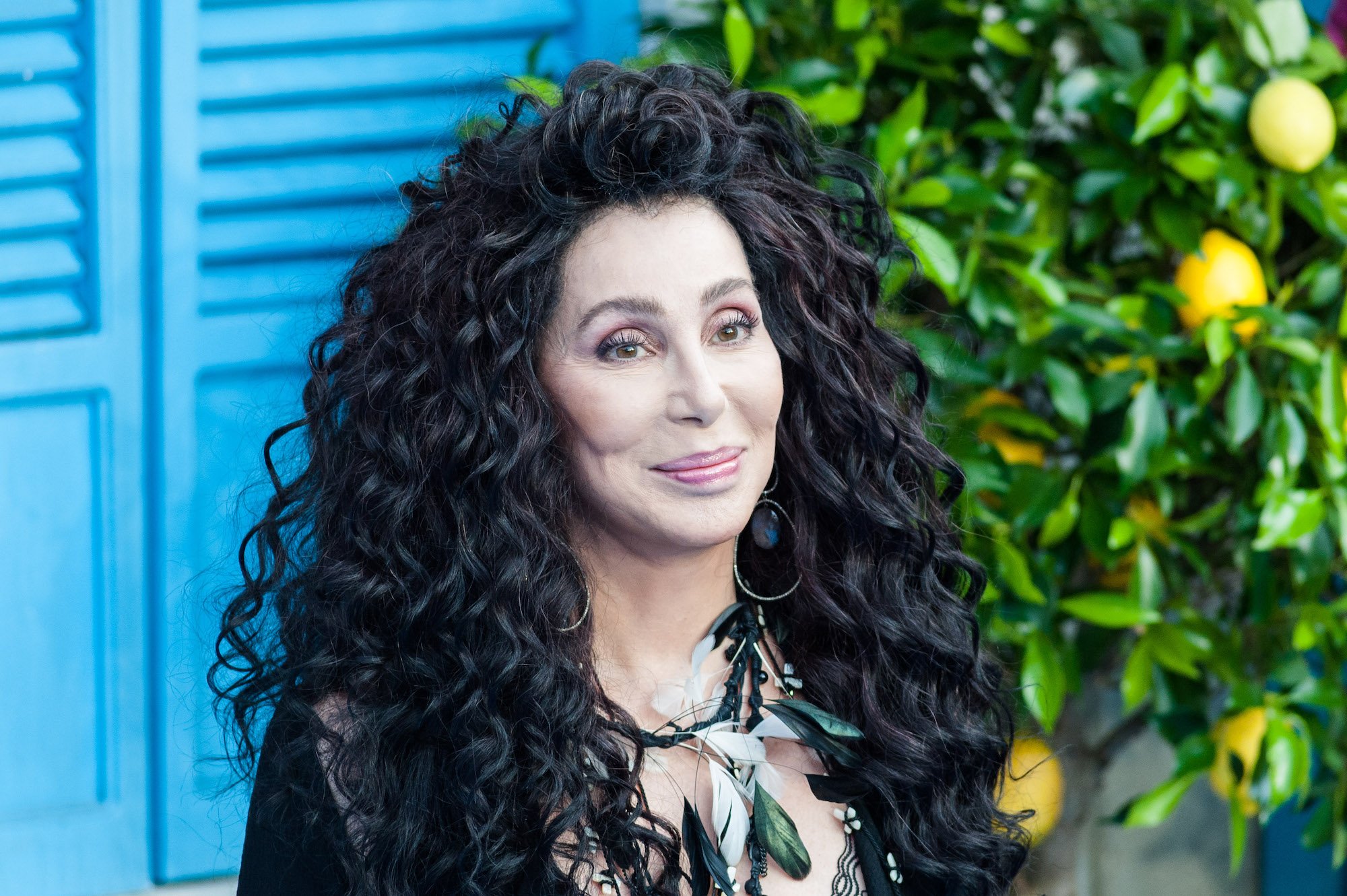 Cher smiling in front of a blue background