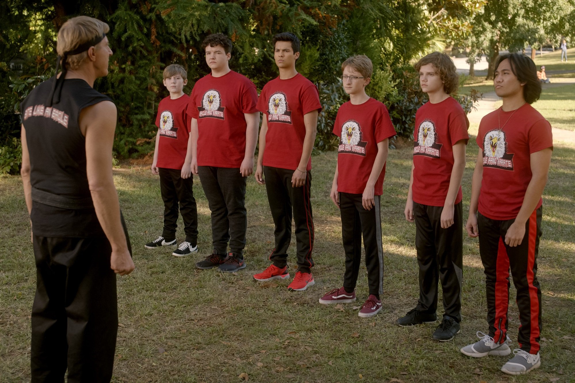 Johnny Lawrence teaches Eagle Fang Karate students