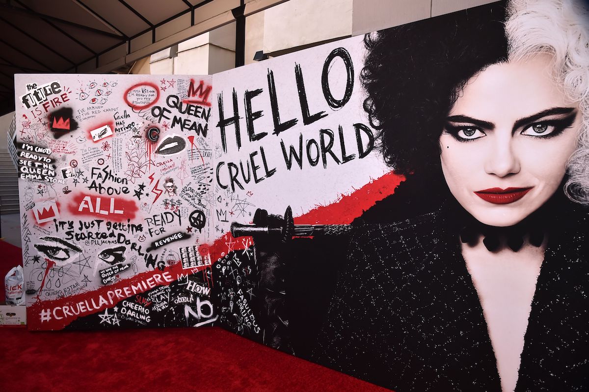 Backdrops and signage at the premiere for 'Cruella,' the Disney movie about Cruella de Vil 