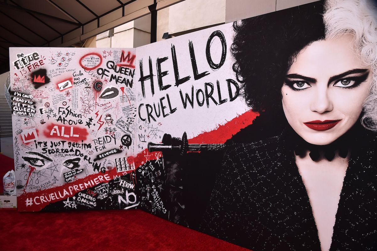Backdrops and signage at the premiere for 'Cruella,' the Disney movie about Cruella de Vil