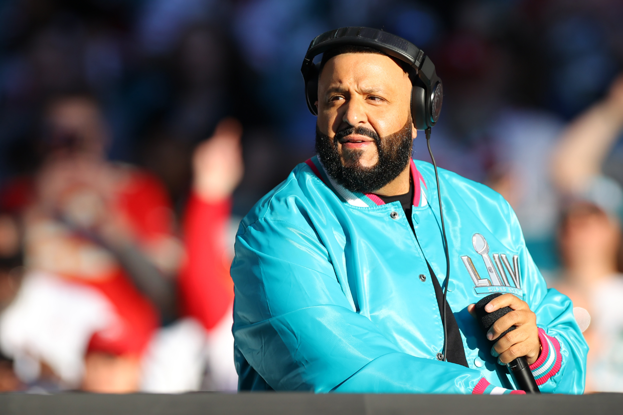 DJ Khaled looks on before Super Bowl LIV at Hard Rock Stadium