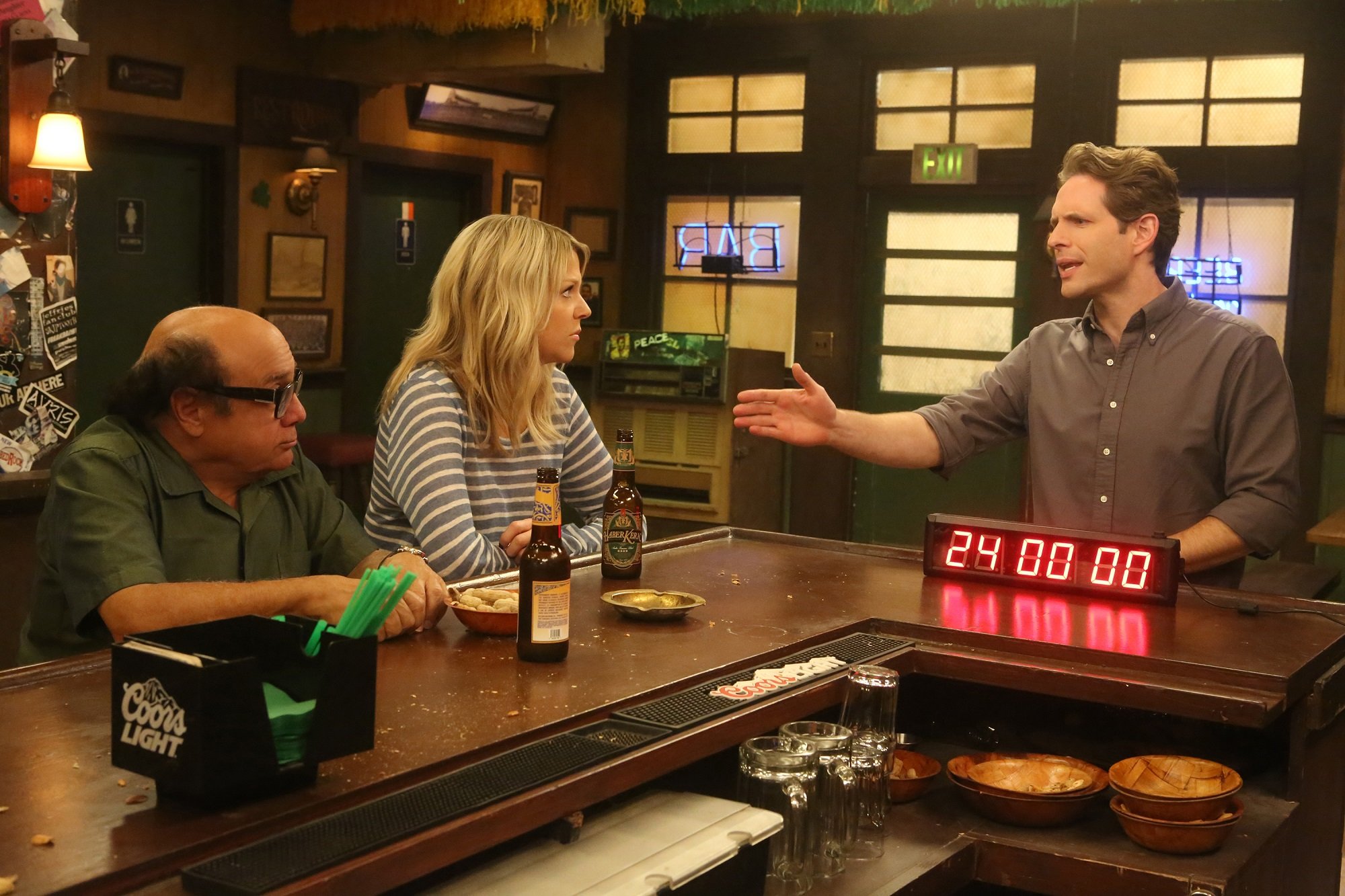 Kaitlin Olson with Danny DeVito and Glenn Howerton in Paddy's Pub