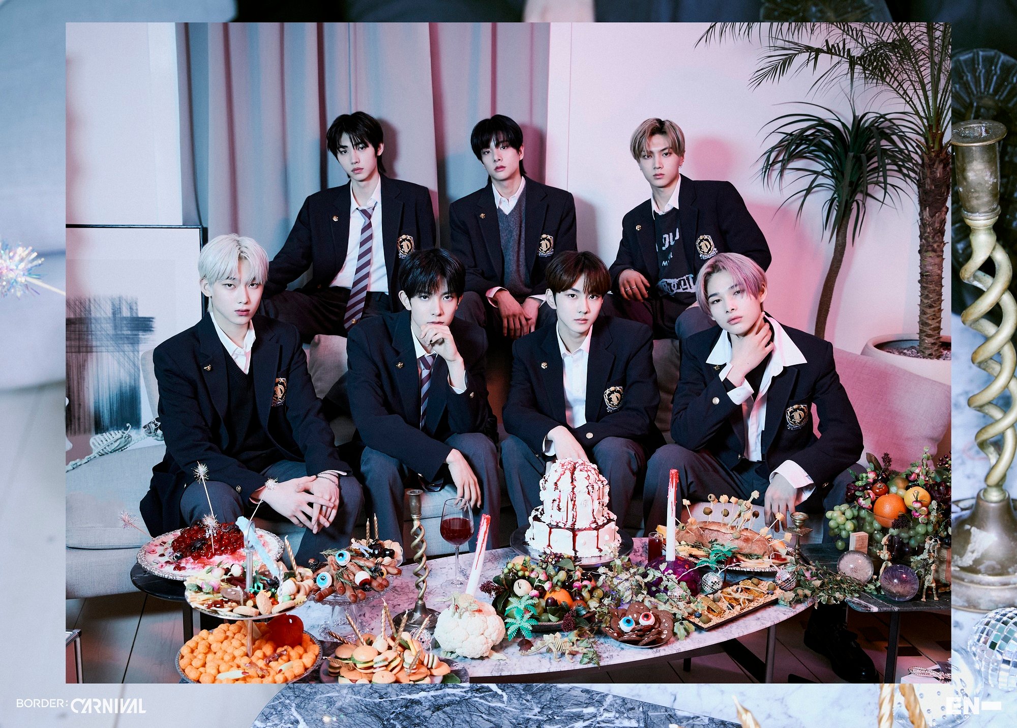 The members of ENHYPEN pose for a promotional photo