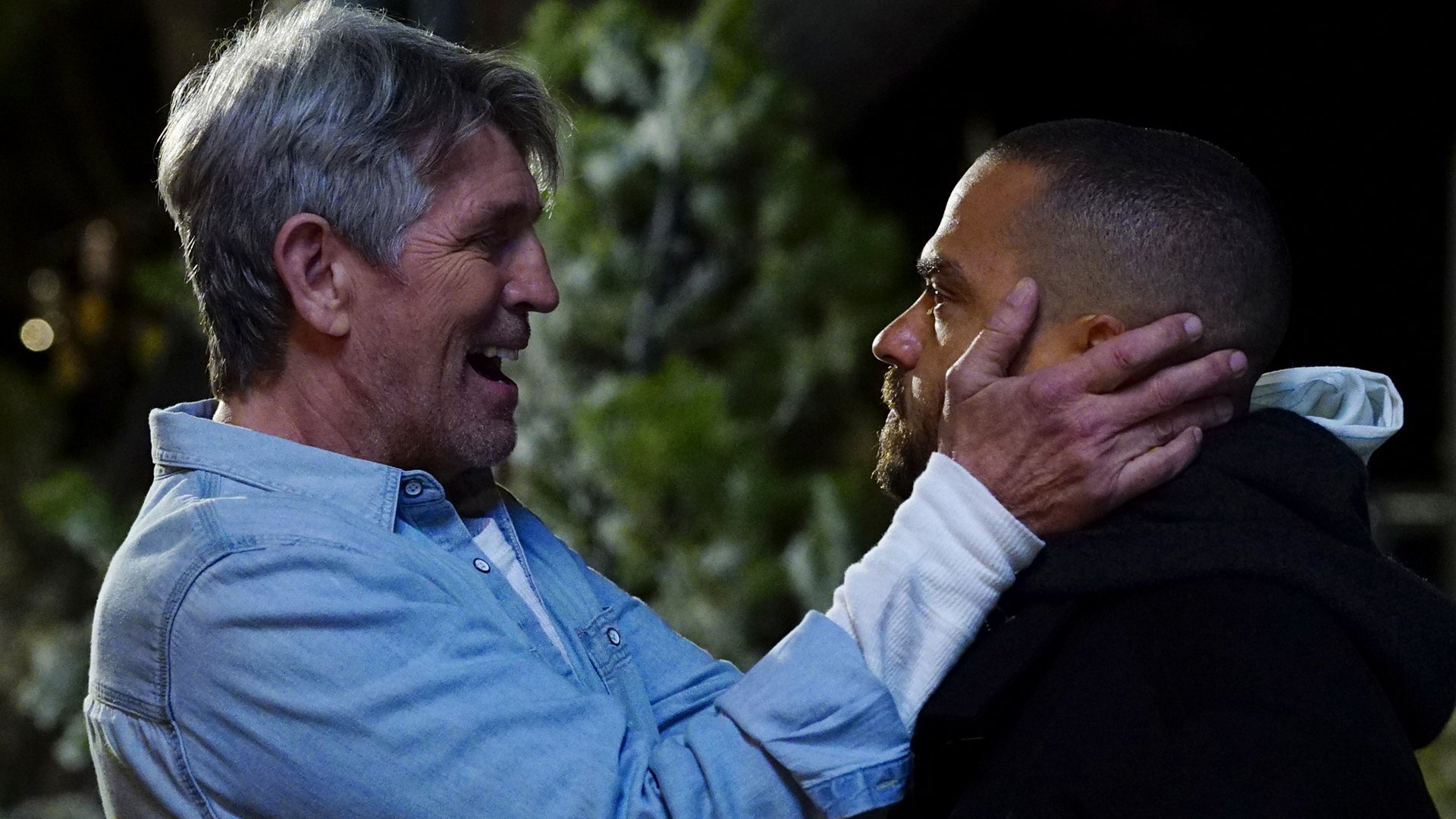 Eric Roberts as Robert Avery holding the face of Jesse Williams as Jackson Avery in ‘Grey’s Anatomy’ Season 13 Episode 16