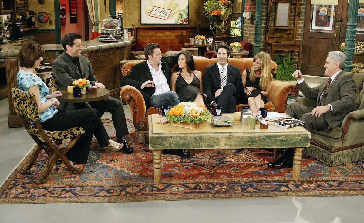 The cast of 'Friends' — Lisa Kudrow, Matt LeBlanc, Matthew Perry, Courteney Cox, David Schwimmer, and Jennifer Aniston — sat down with Jay Leno on the set of Central Perk on May 6, 2004, in Los Angeles