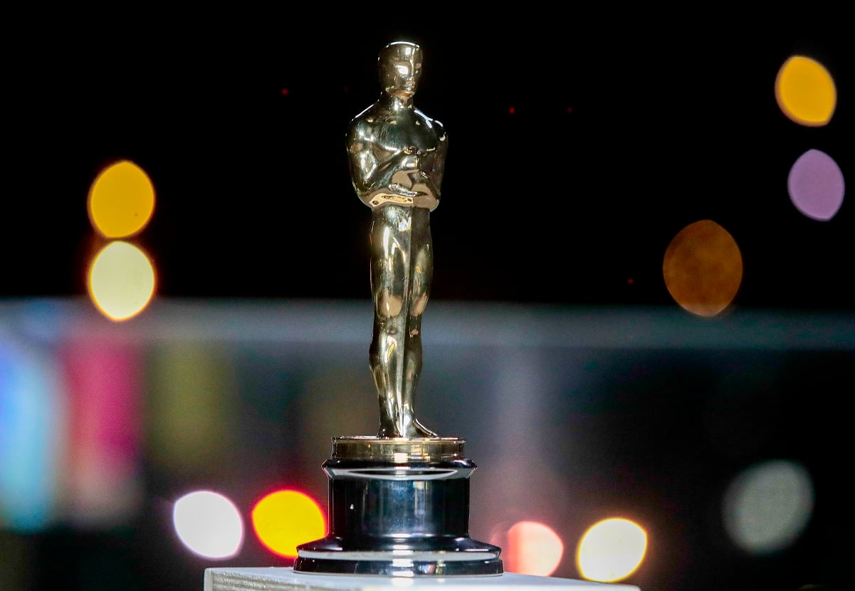 Oscar statue is seen during a screening of the Oscars on April 26, 2021