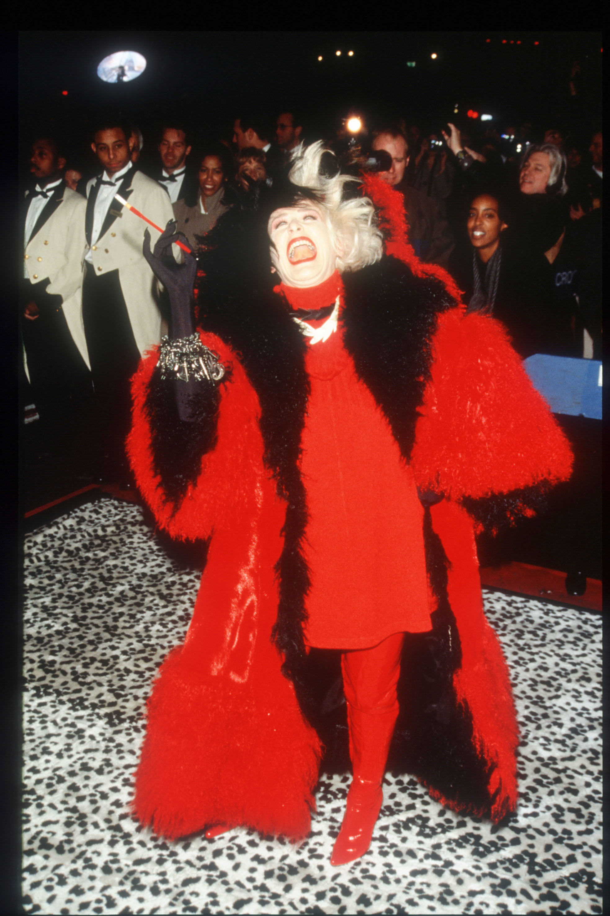 Glenn Close dressed as Cruella de Vil at the premiere of '101 Dalmatians' in 1996