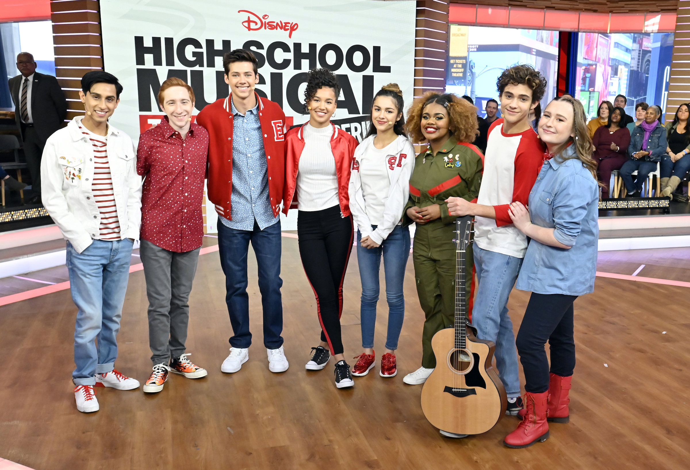 The stars of the Disney+ series 'High School Musical: The Musical: The Series' including Joshua Bassett (Ricky), Olivia Rodrigo (Nini), Sofia Wylie (Gina), and Matt Cornett (E.J.)