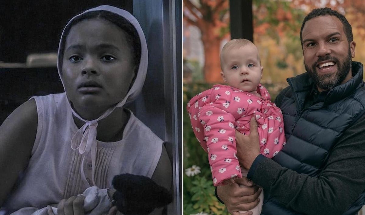 Jordana Blake as Hannah in a pink dress and bonnet in 'The Handmaids Tale' Season 4 (L), and O-T Fagbenle as Luke in a black shirt and puffer vest holding baby Nichole in a pink puffer coat with flowers (R)