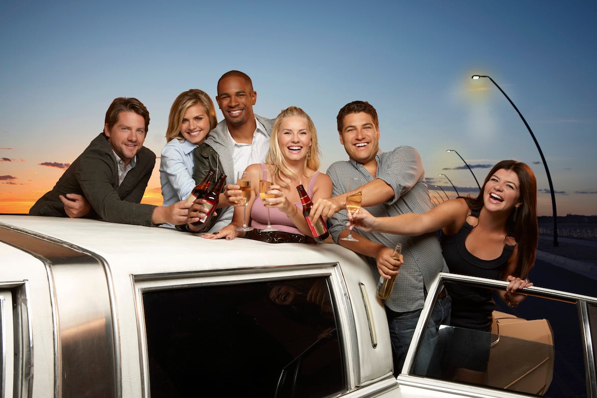 Walt Disney Television via Getty Images's "Happy Endings" stars Zachary Knighton as Dave, Eliza Coupe as Jane, Damon Wayans, Jr. as Brad, Elisha Cuthbert as Alex, Adam Pally as Max and Casey Wilson as Penny.