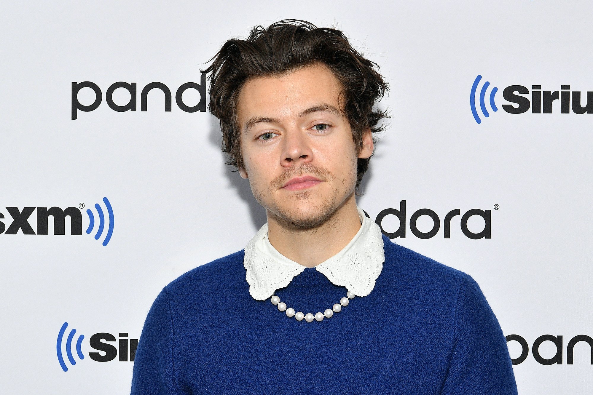 Harry Styles watermelon sugar singer in a blue sweater against a wall.