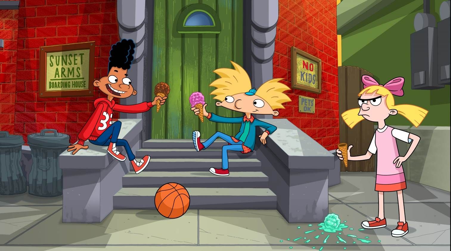 Arnold, Gerald and Helga hanging out outside of Arnold's brownstone in 'Hey Arnold!', one of the most popular Nickelodeon cartoons of the 1990s. 