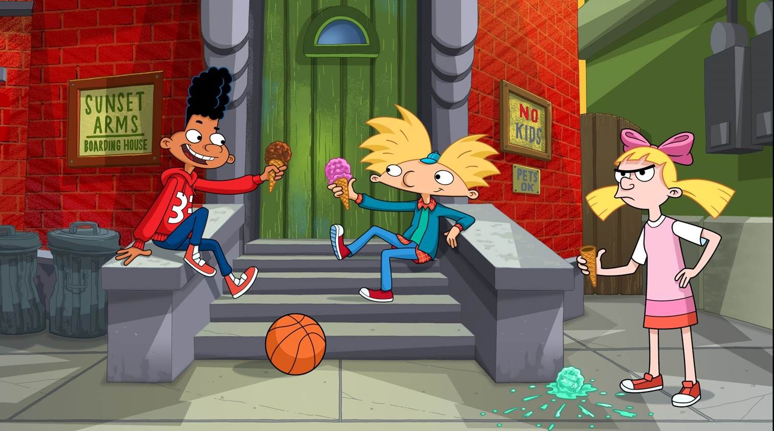 Arnold, Gerald and Helga hanging out outside of Arnold's brownstone in 'Hey Arnold!', one of the most popular Nickelodeon cartoons of the 1990s.