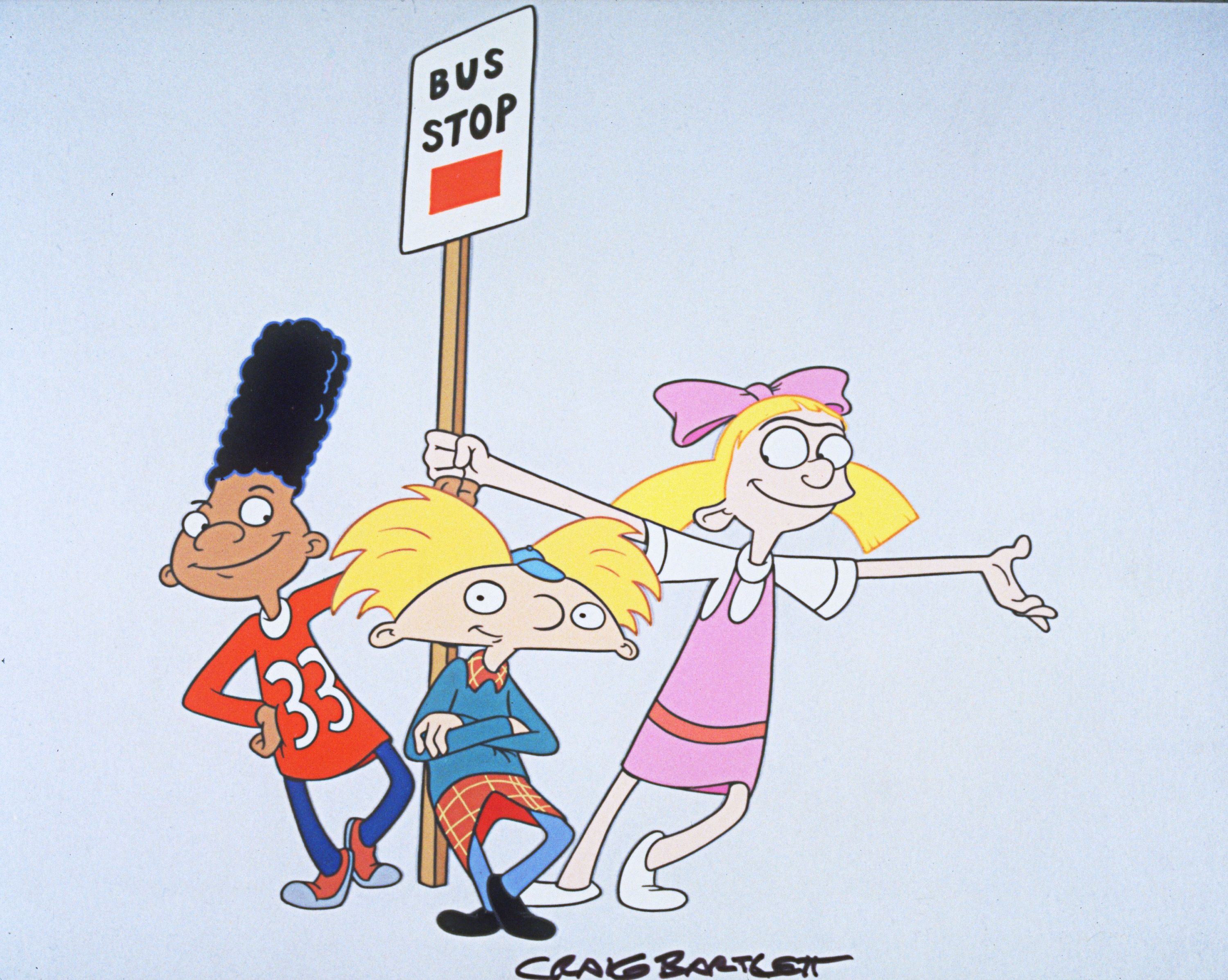 Gerald, Arnold and Helga wait at the bus stop in 'Hey Arnold!'