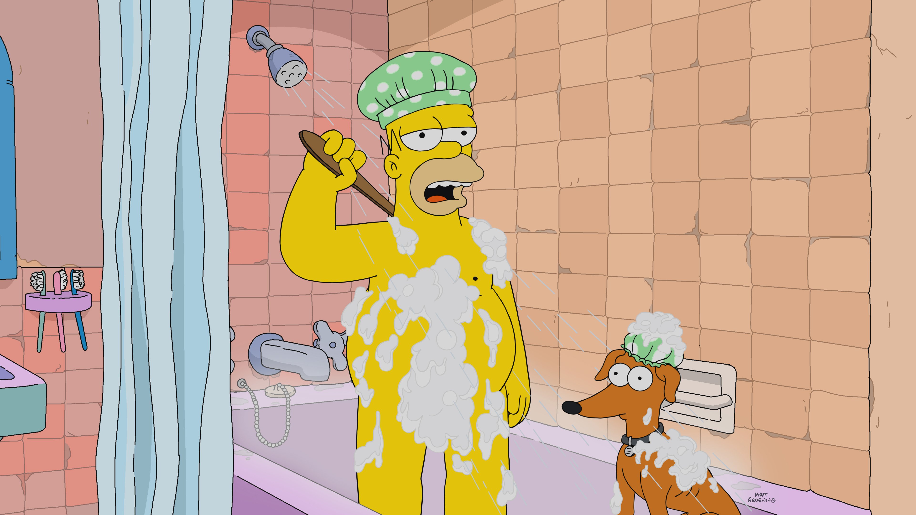 Homer Simpson takes a shower with Santa's Little Helper
