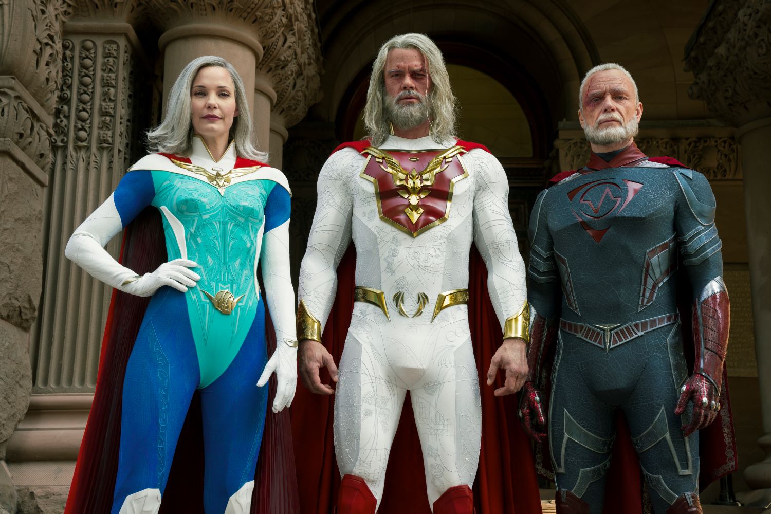 JUPITER'S LEGACY (L-R) LESLIE BIBB as GRACE SAMPSON, JOSH DUHAMEL as SHELDON SAMPSON, and BEN DANIELS as WALTER SAMPSON