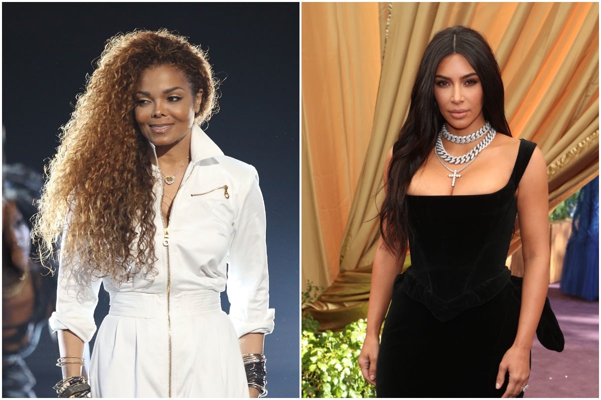 Janet Jackson wearing a white outfit and smiling at an awards show/ Kim Kardashian wearing a black dress an a diamond necklace on the red carpet.