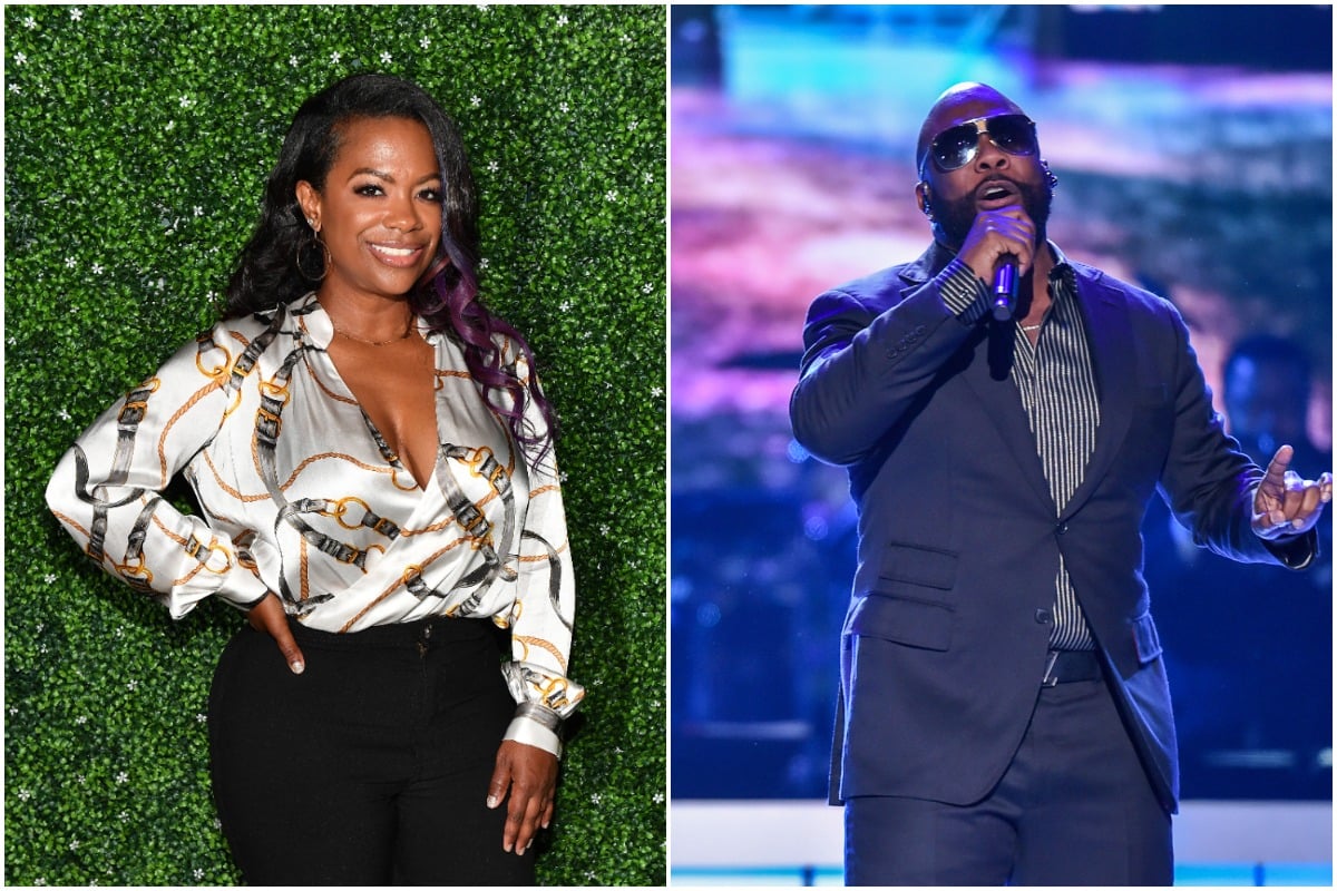 Kandi Burruss posing on the red carpet wearing a printed top and black pants with her hand on her hip/Boyz II Men singer Wanya Morris singing while wearing a black suit and striped shirt.