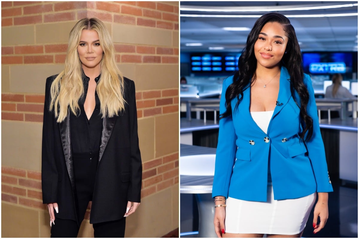 Khloé Kardashian wearing a black suit while posing for the camera/ Jordyn Woods wearing a white dress and a blue blazer while appearing on 'Extra'