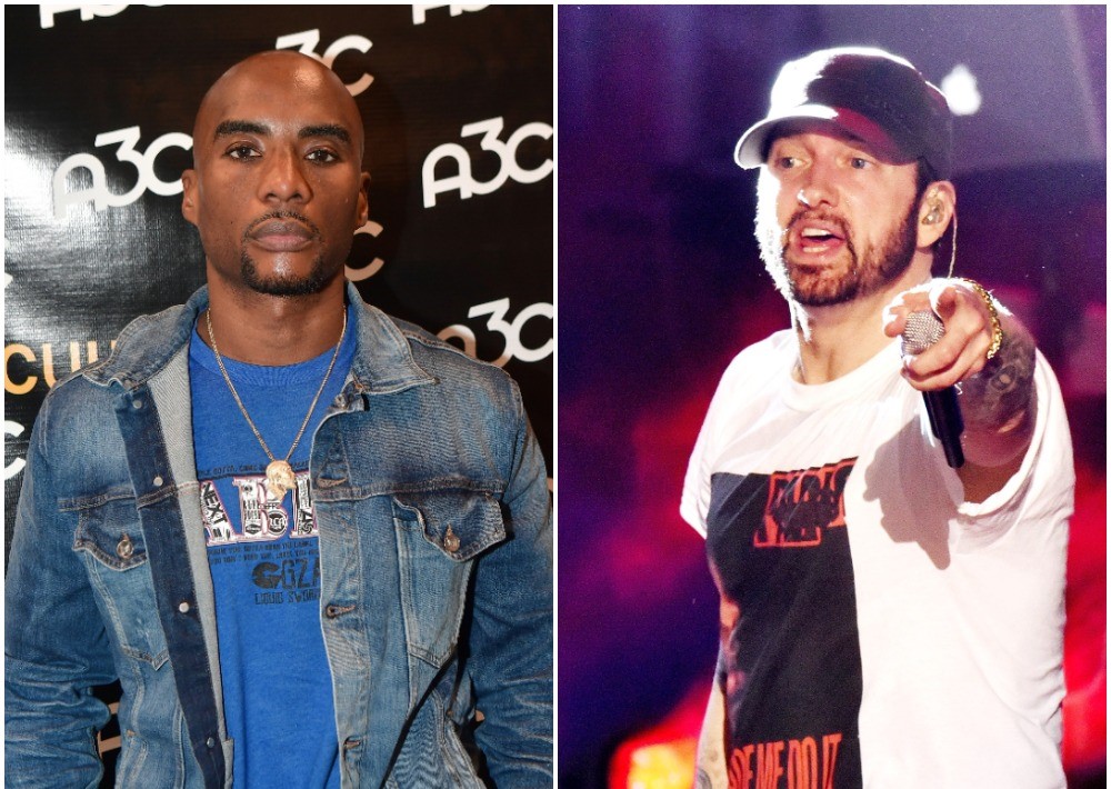 (L) Charlamagne tha God poses for photo on the carpet at the A3C Festival and Conference in Atlanta, (R) Eminem performing onstage at a music & arts festival in