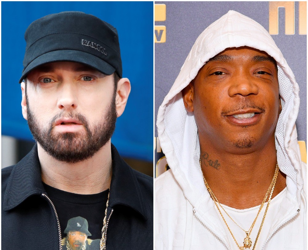 (L) Eminem in a black hat, tee, and jacket (R) Ja Rule in a white hoodie at the premiere
