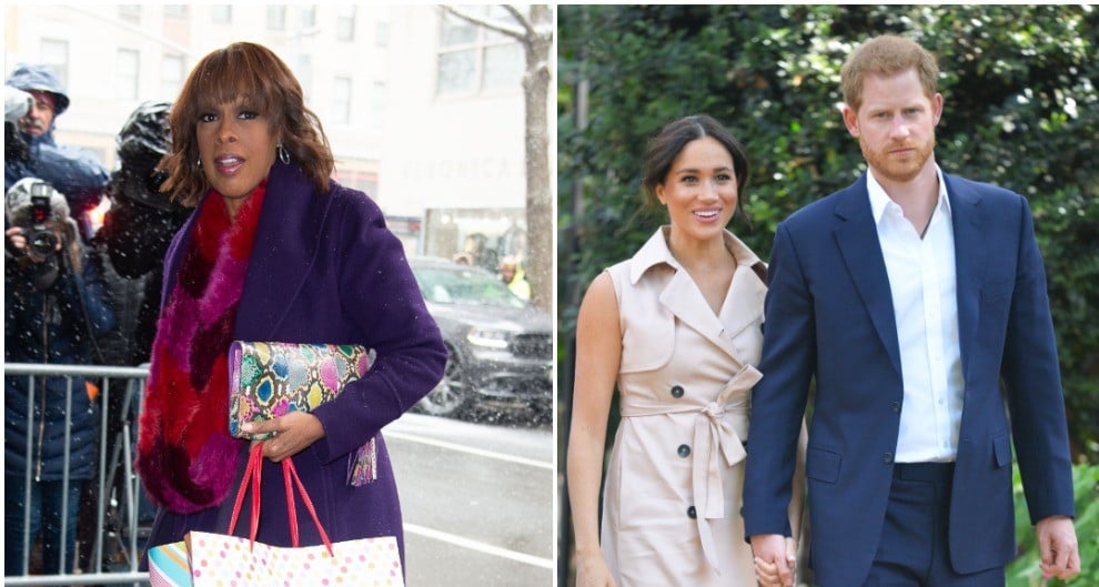 (L) Gayle King arriving at Meghan Markle's baby shower in NYC, (R) Prince Harry and Meghan Markle holding hands at event in South Africa
