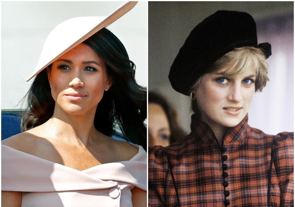 (L) Meghan Markle dressed in a pink hat and fascinator at Trooping The Colour, (R) Princess Diana wearing a tartan dress a black hat at the Braemar Highland Games
