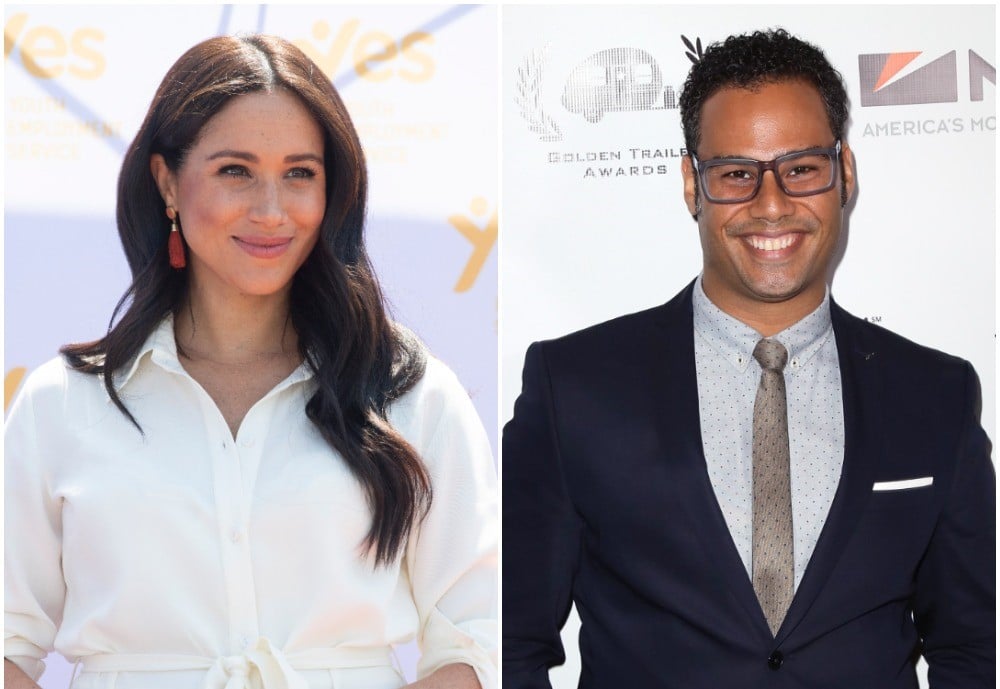 (L) Meghan, Markle wearing a white dress and smiling during visit to Tembisa township in South Africa (R) Actor Joshua Silverstein poses for photo on red carpet at Golden Trailer Awards