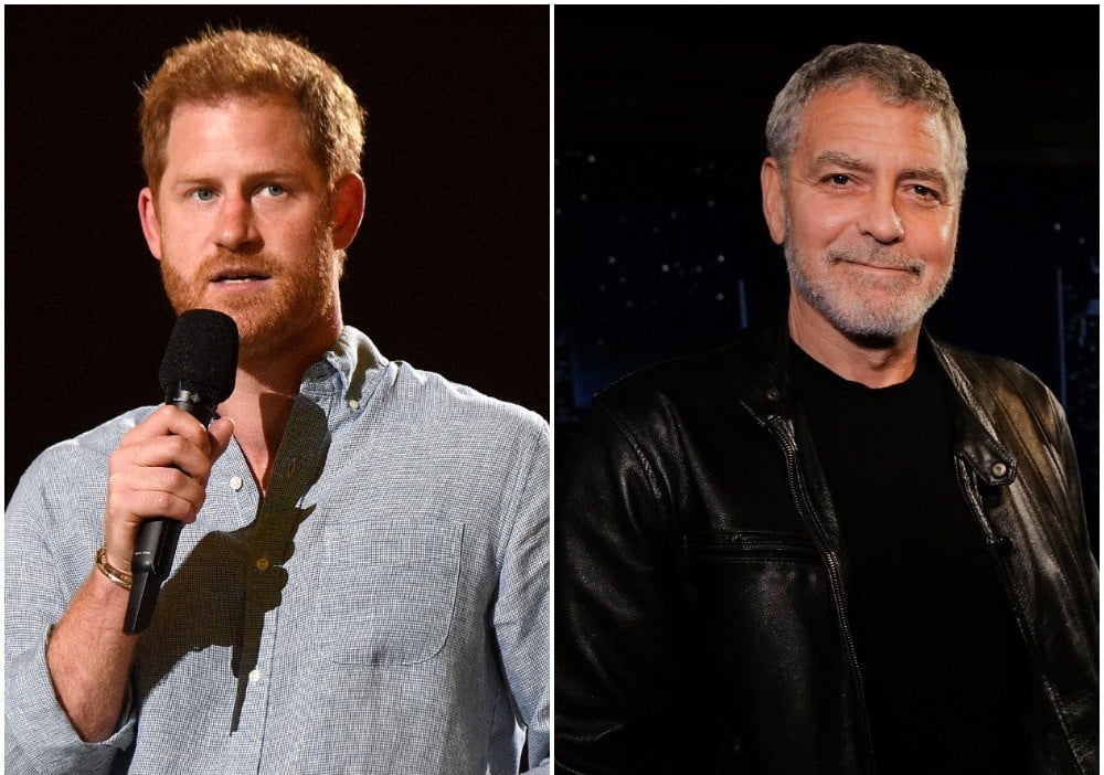 (L): Prince Harry speaking onstage during Global Citizen VAX LIVE concert, (R): George Clooney standing on the set of 'Jimmy Kimmel Live!'