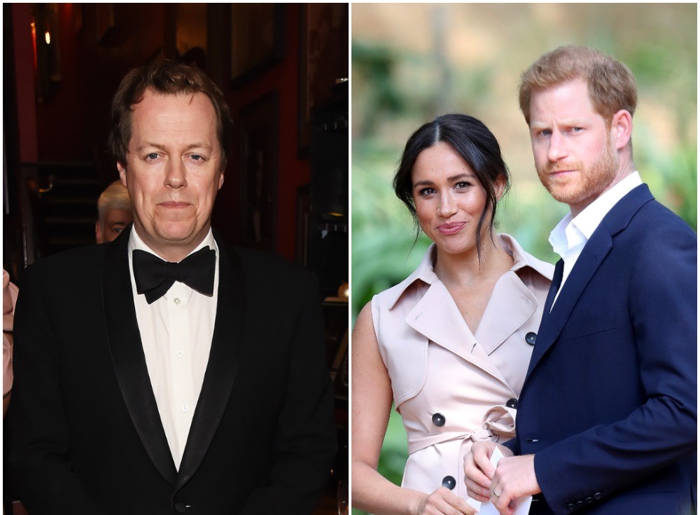 (L) Tom Parker Bowles in a tuxedo at awards ceremony, (R) Meghan Markle wearing a beige dress and Prince Harry wearing a blue suit in Johannesburg, South Africa
