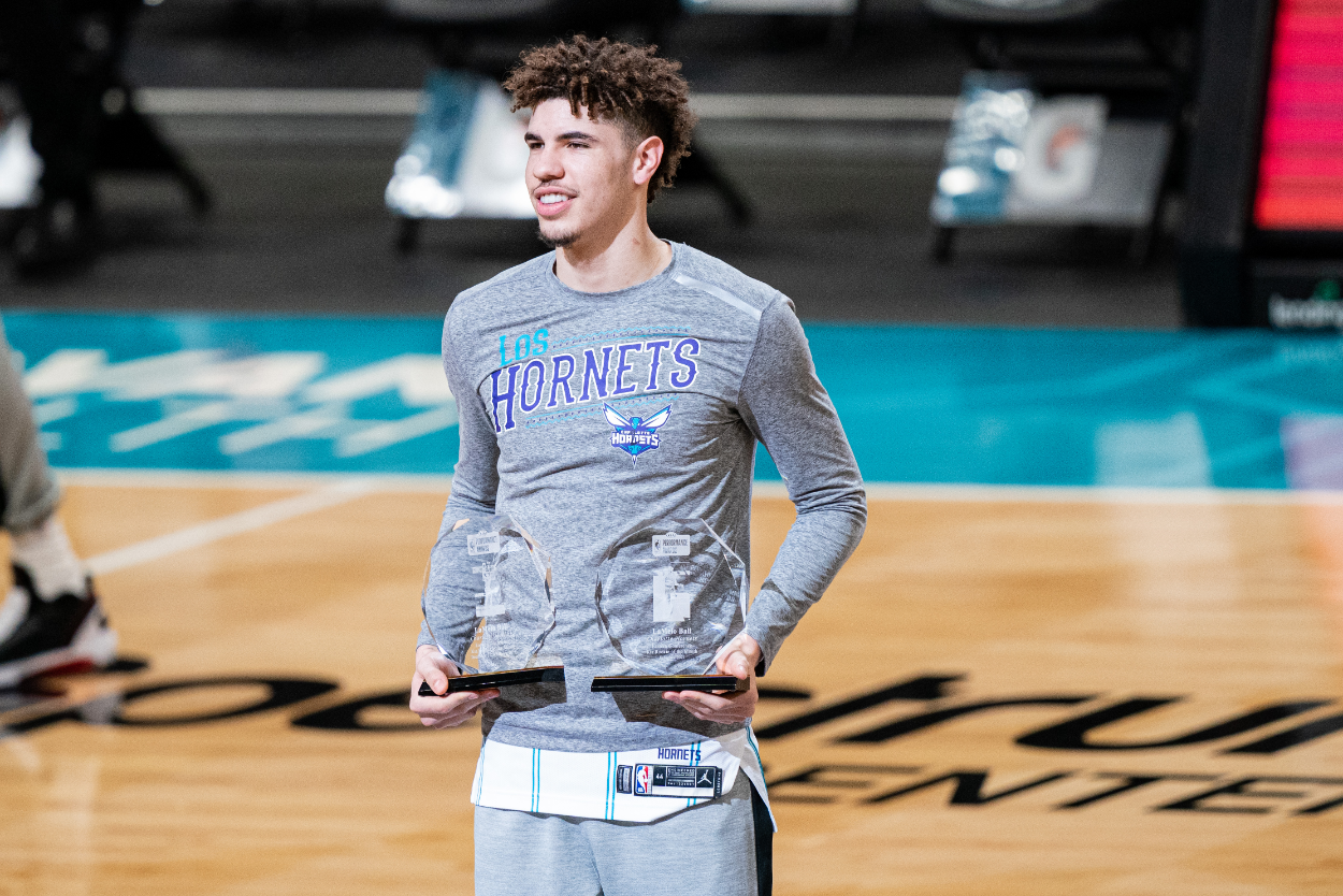 LaMelo Ball of the Charlotte Hornets with his two NBA Rookie of the Month awards before his game against the Sacramento Kings
