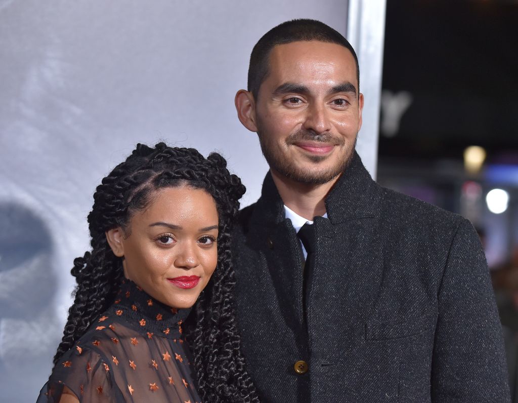 'Good Girls' star Manny Montana is dressed in black and wife Adelfa Mar, dressed in sheer black,r arrive for the premiere of 'The Mule'.