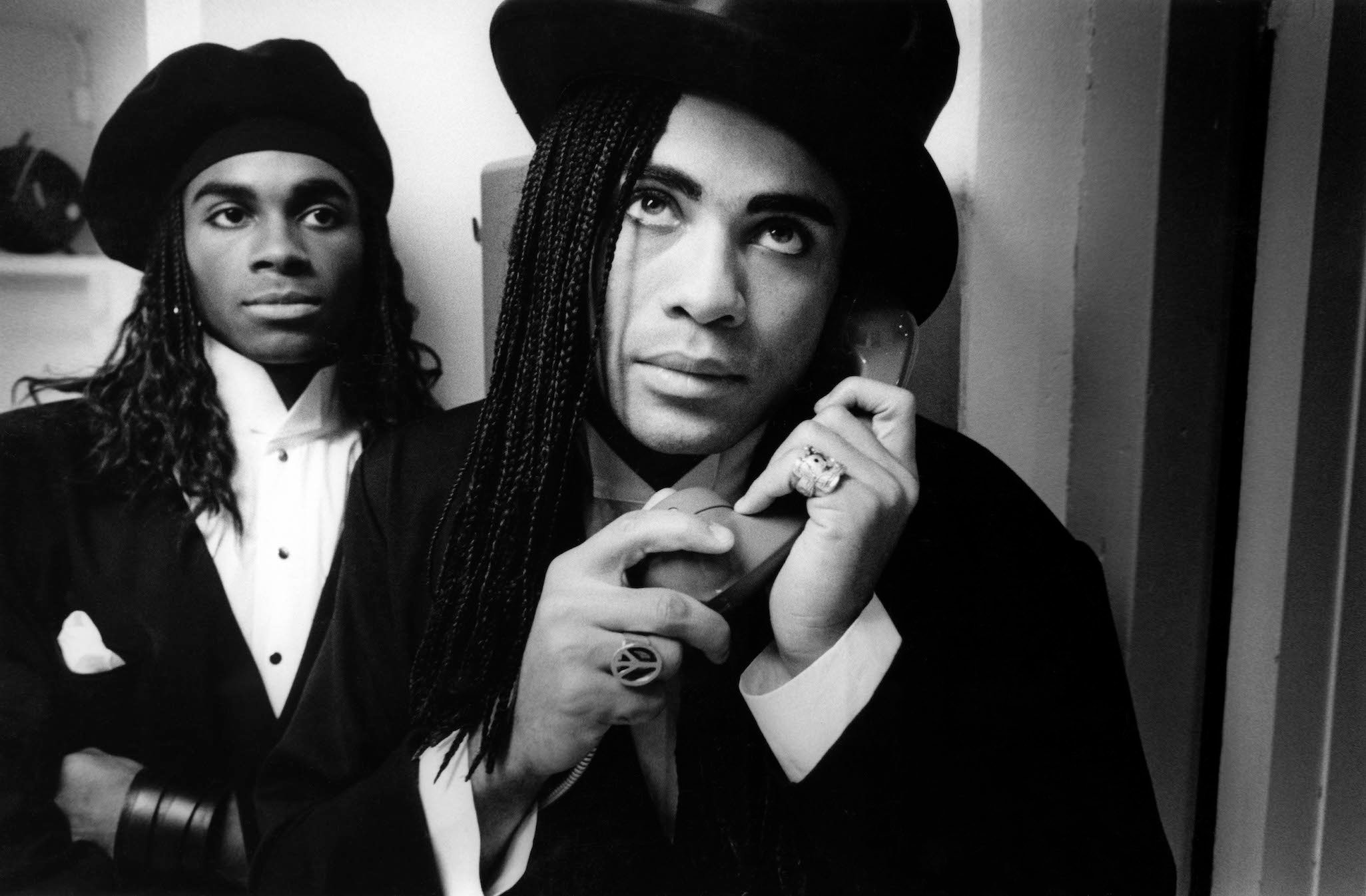 Milli Vanilli duo Fab Morvan and Rob Pilatus in a black and white portrait