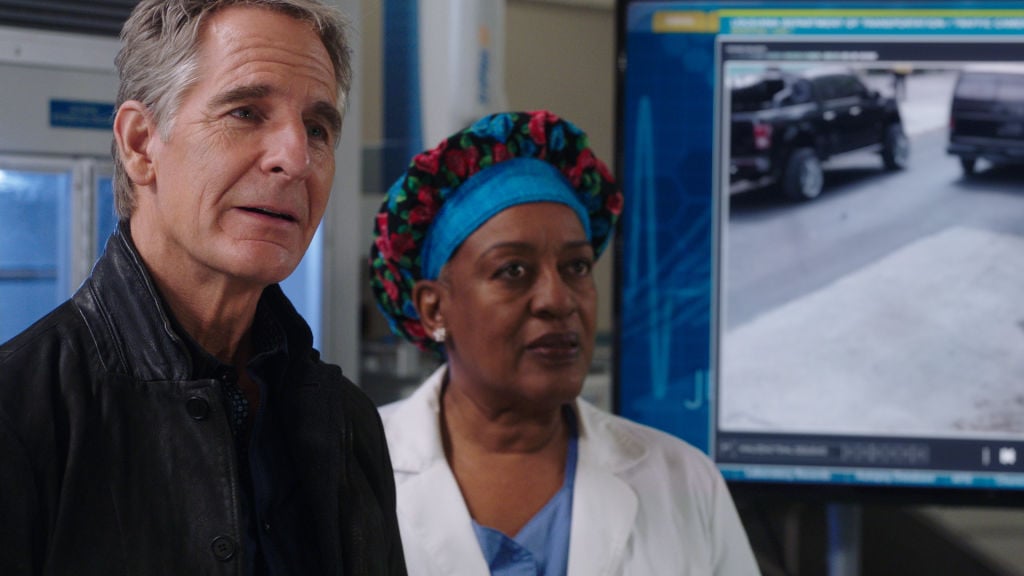 Scott Bakula as Special Agent Dwayne Pride wears a black jacket, and CCH Pounder as Dr. Loretta Wade, in her medical gear, stand in shock