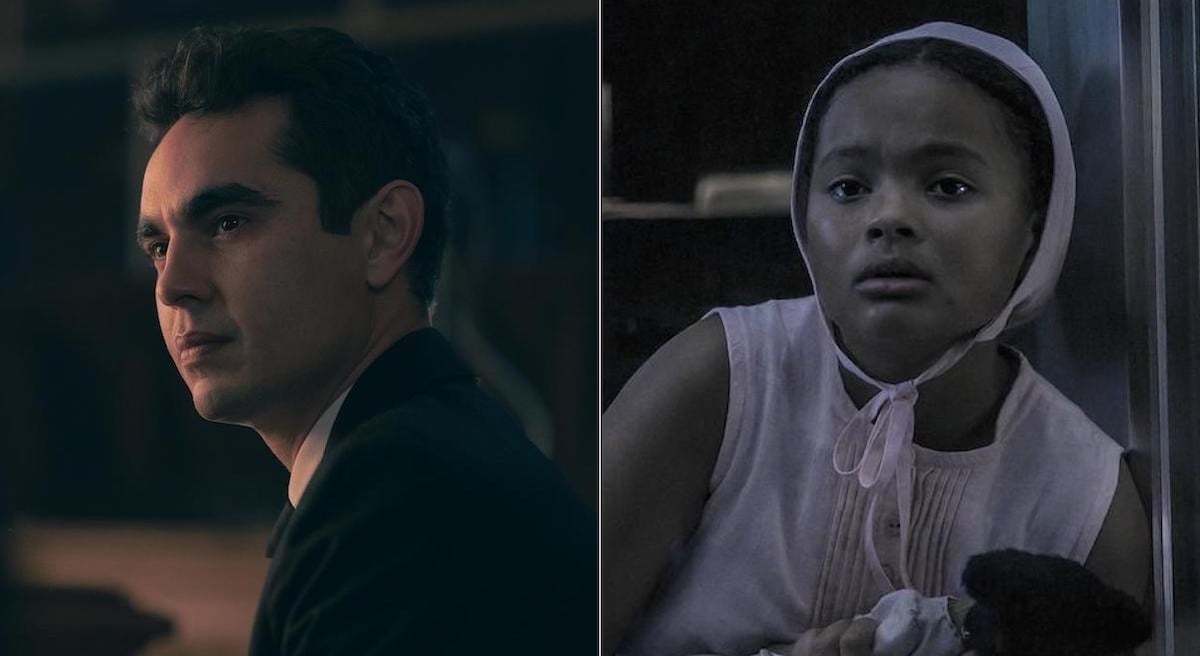 Max Minghella in a black suit and white shirt looking stern in a darkly lit room as Nick (L), and Jordana Blake in a pink dress and bonnet in a glass cell holding a stuffed animal as Hannah in 'The Handmaid's Tale' Season 4.