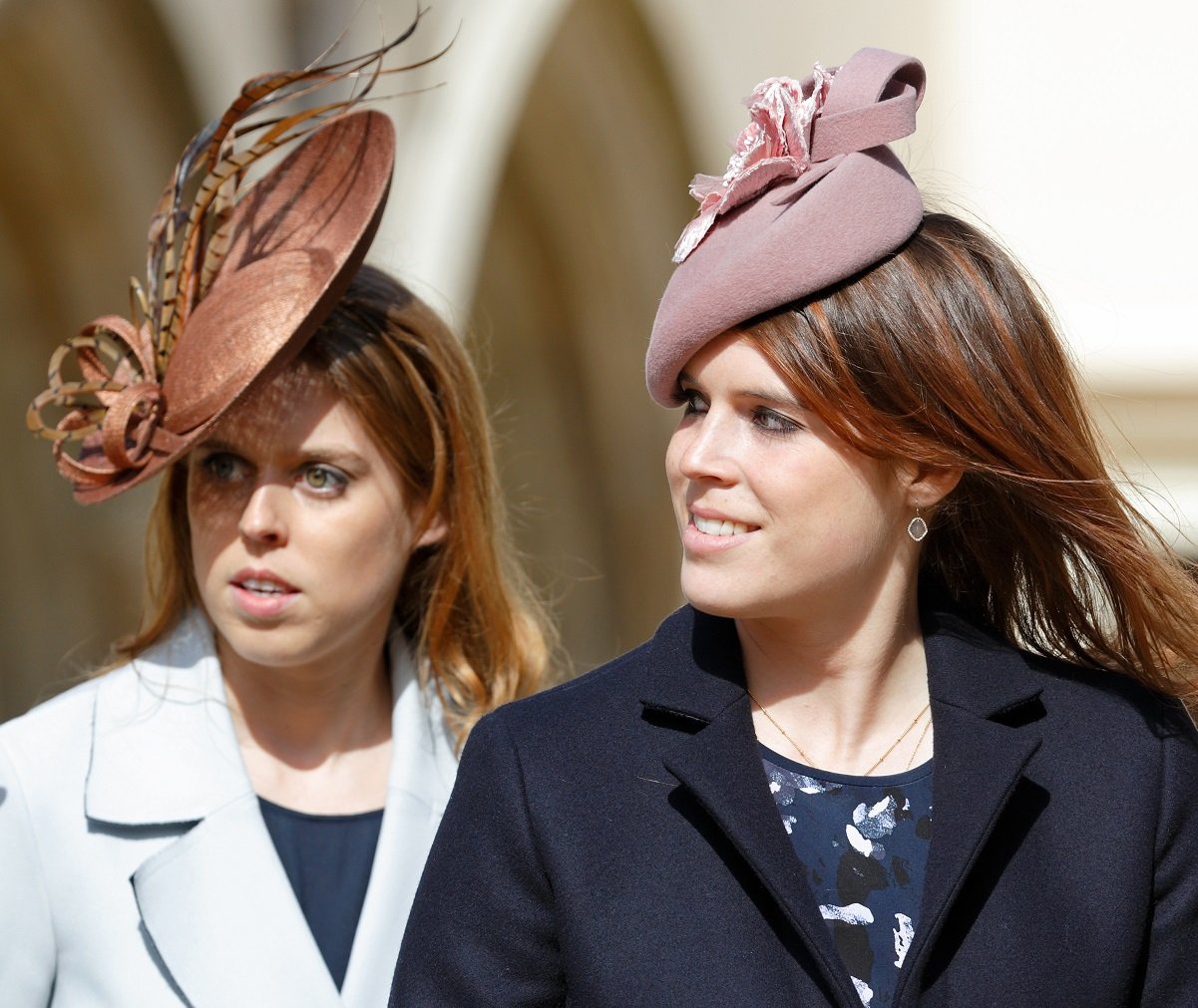 Princess Beatrice and Princess Eugenie wearing neutral-colored fascinators to Easter Sunday church service at St George's Chapel