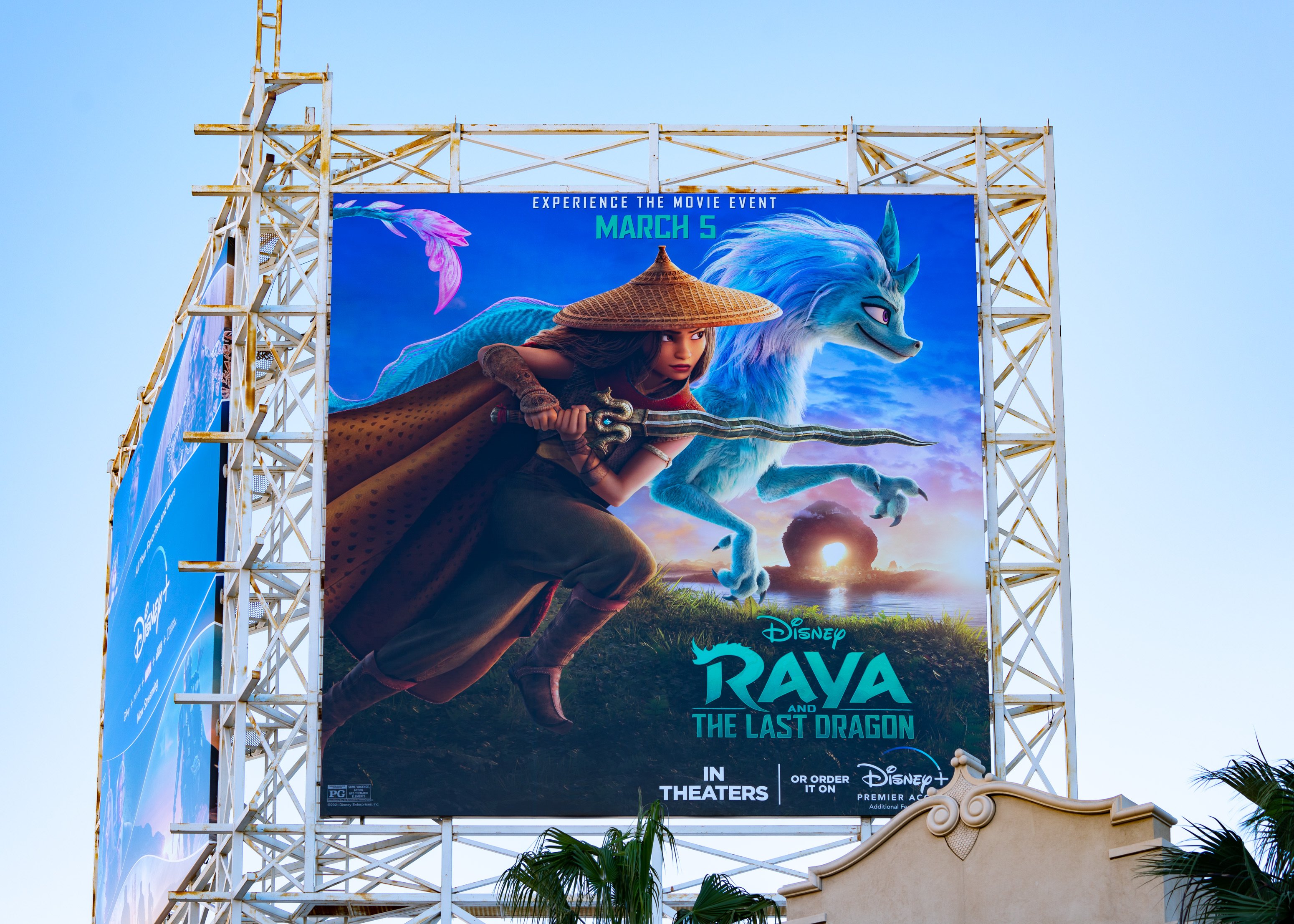 General view of a billboard above the El Capitan Entertainment Centre promoting Walt Disney Pictures 'Raya and the Last Dragon'