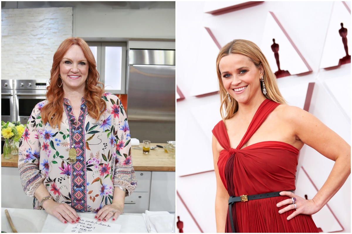 A side-by-side photo of Ree Drummond smiling on the set of 'The Pioneer Woman' and Reese Witherspoon smiling in a red dress on the red carpet.