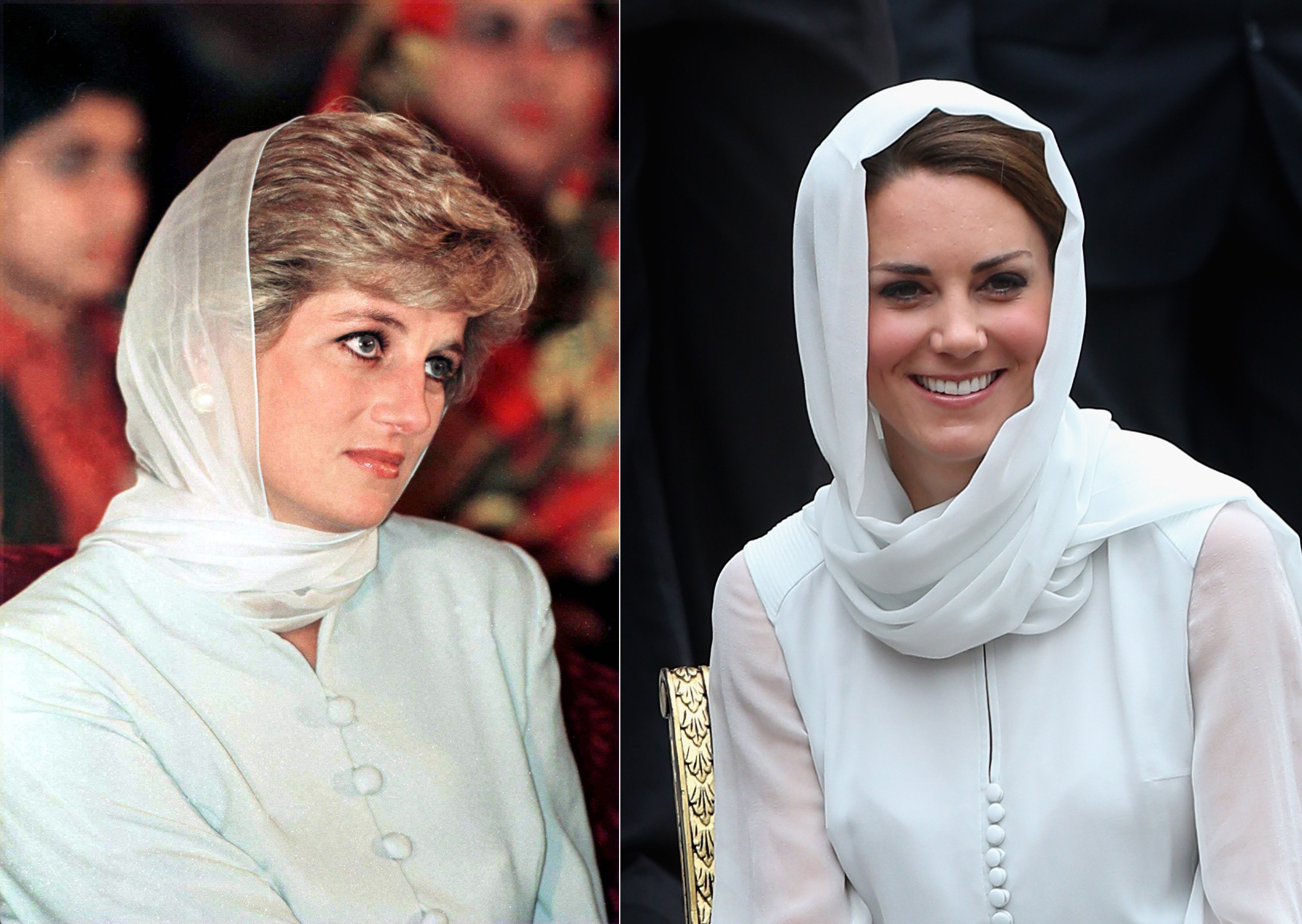 Side-by-side image of Princess Diana and Kate Middleton wearing similar outfits and headscarves during royal visit