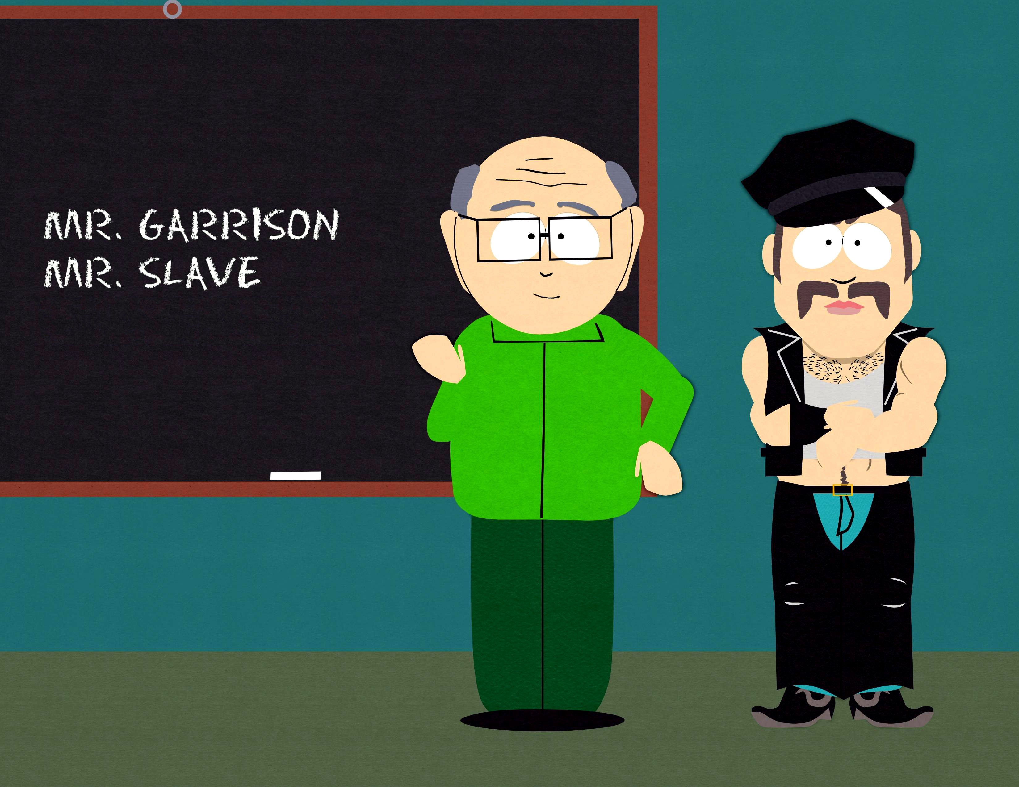 South Park teacher Mr. Garrison brings Mr. Slave to class