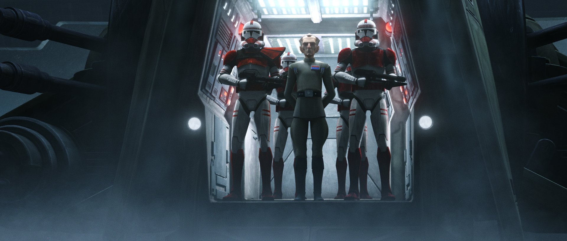 Star Wars: The Bad Batch Admiral Tarkin walks with guards.