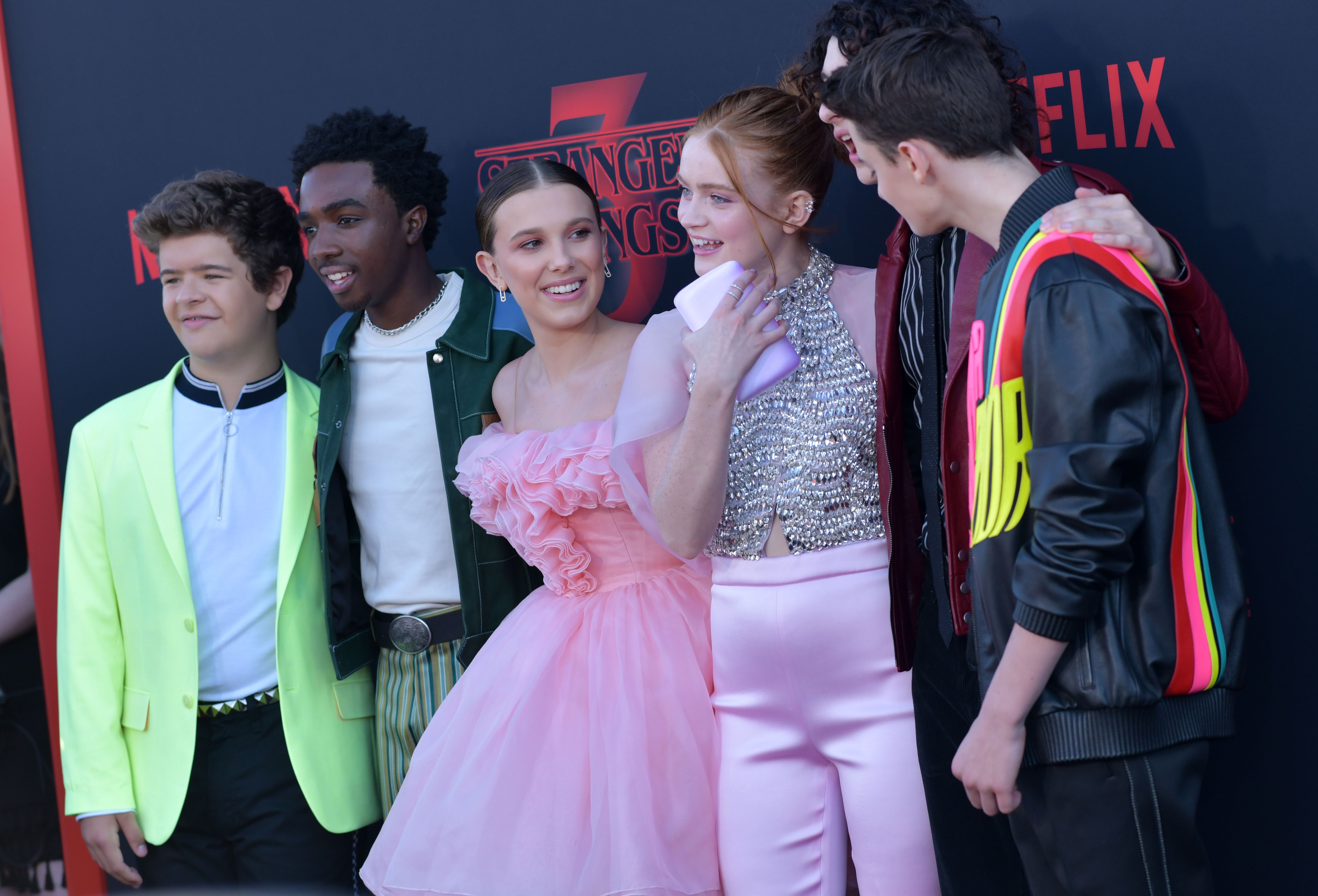 Actor Gaten Matarazzo, Caleb McLaughlin, Millie Bobbie Brown, Sadie Sink, Finn Wolfhard, and Noah Schnapp of Netflix's 'Stranger Things 3'