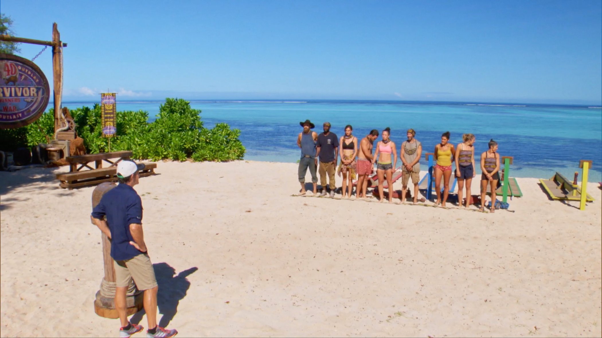 Jeff Probst, the host of 'Survivor Season 41,' across from contestants on 'Survivor: Winners at War' on the beach