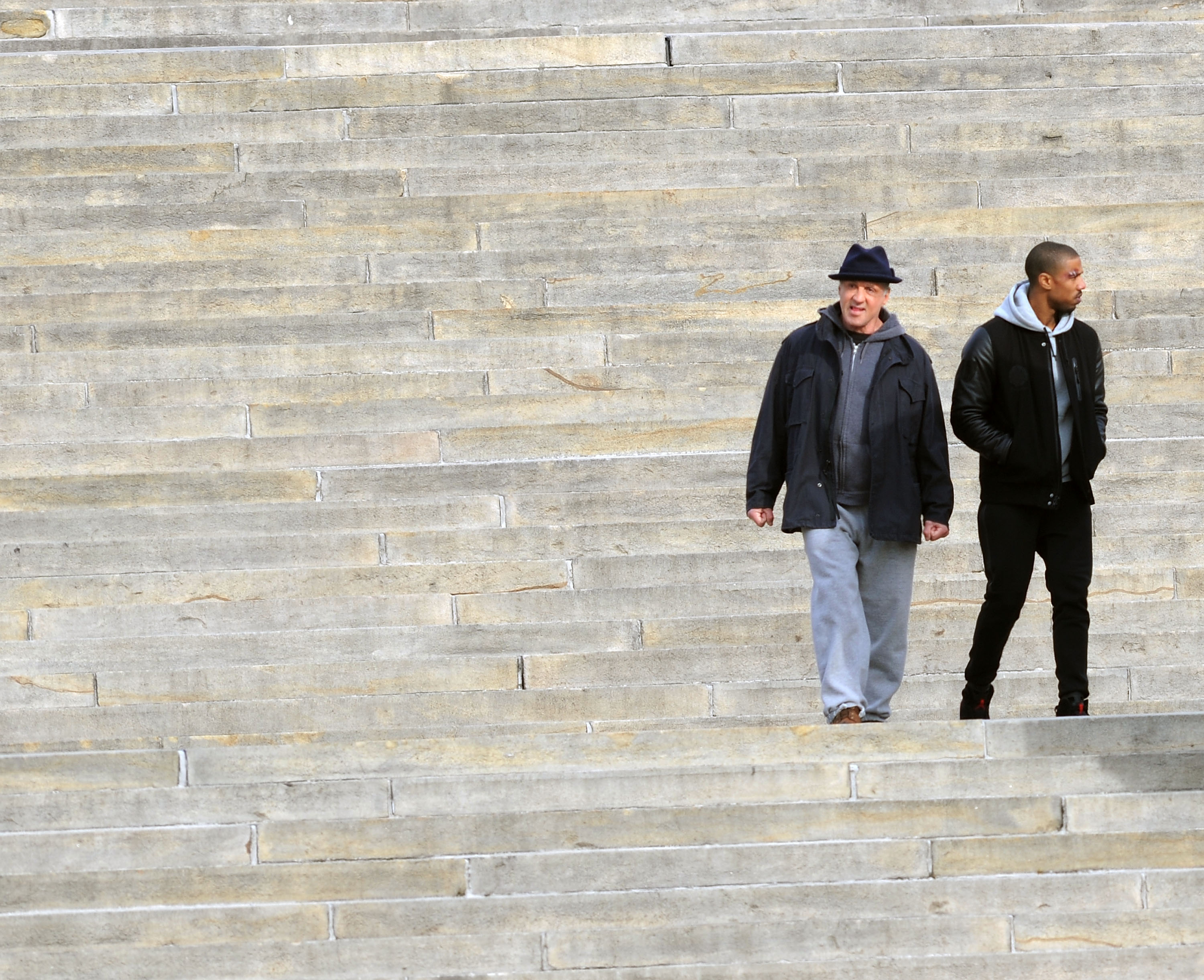 Sylvester Stallone and Michael B. Jordan descend the famous Philadelphia Museum steps